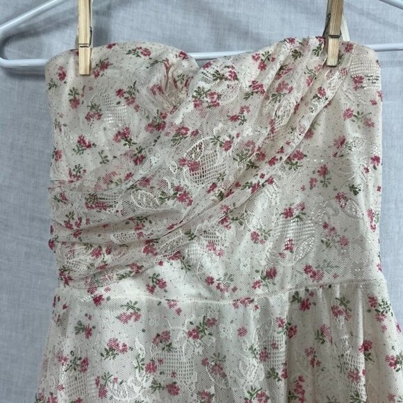 Strapless Floral Lace Midi Dress Womens S/M Smocked Bodice Cottagecore Fairy - Picture 2 of 13
